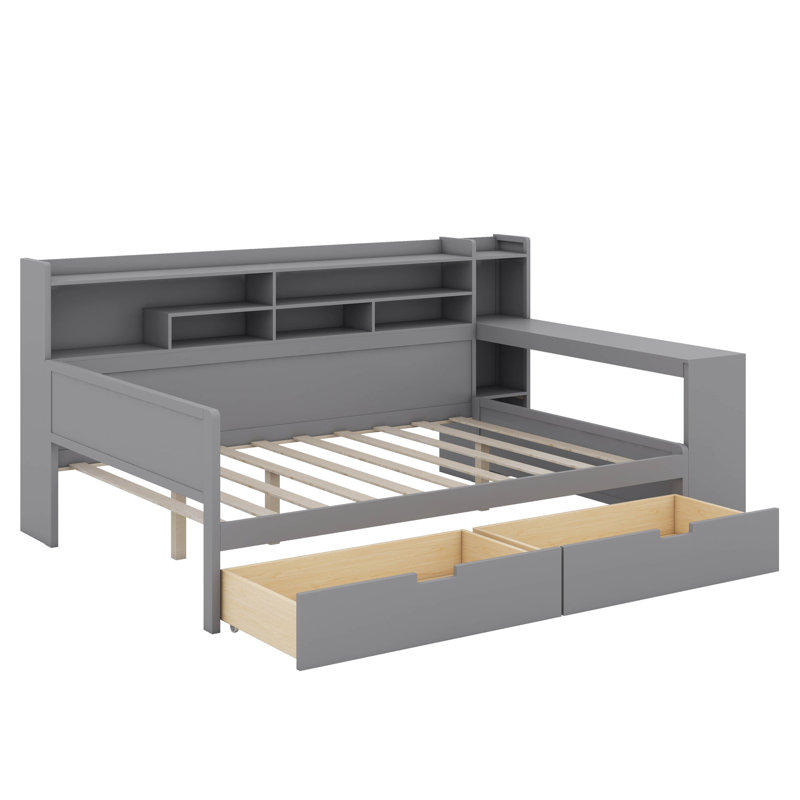 Lit de jour double avec tablettes, tiroirs et bureau d'étude, gris
