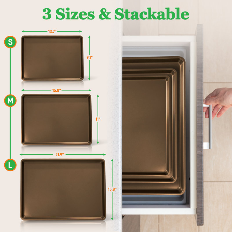 Gold Non-Stick Carbon Steel 3-Piece Cookie Sheet Set