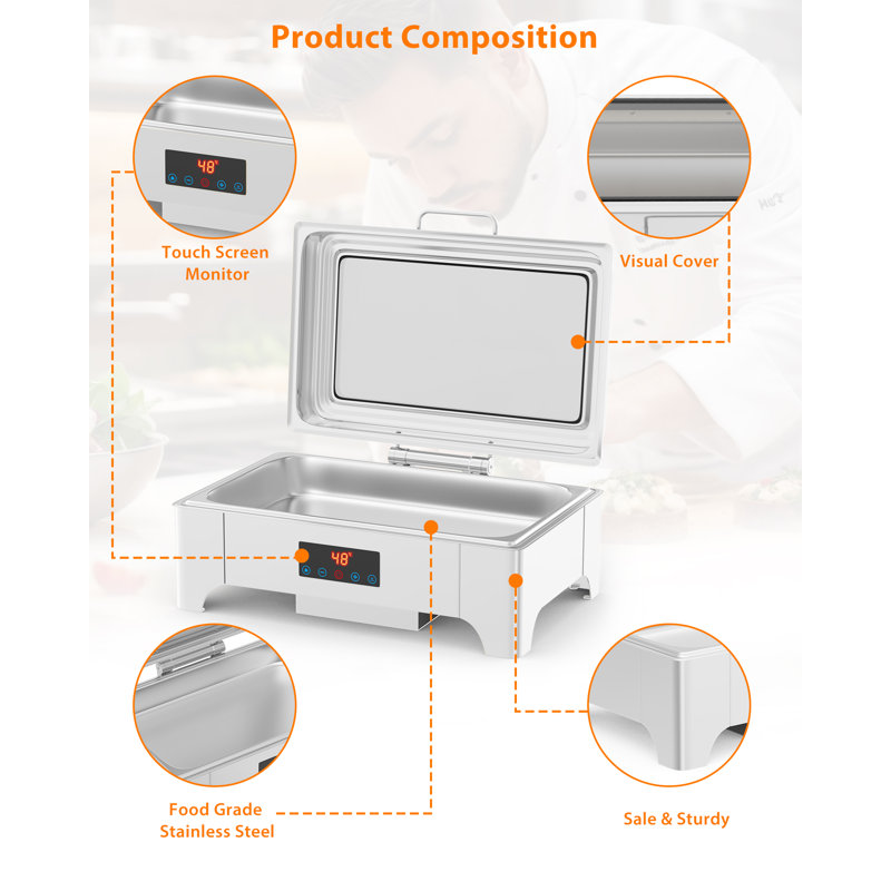Chauffe-plats électriques 9 QT pour buffet – Grand format, acier inoxydable, écran interactif, couvercle à enroulement, couvercle en verre – Équipement de restauration professionnel pour fêtes et mariages – Argenté
