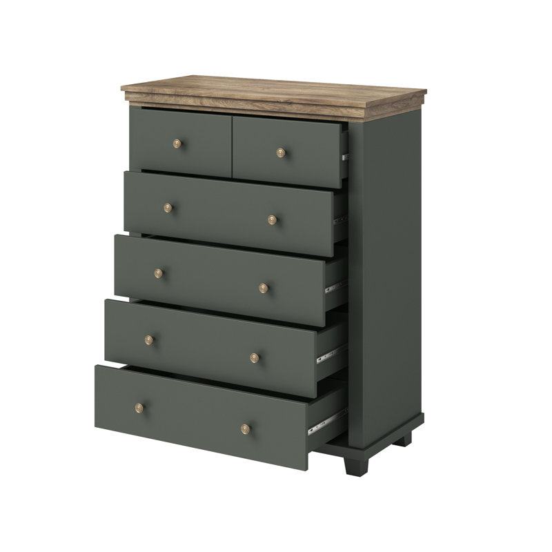 Sandidge 6 Drawer Highboard, Green/Lefkas Oak, 113cm H x 90cm W x 42cm D