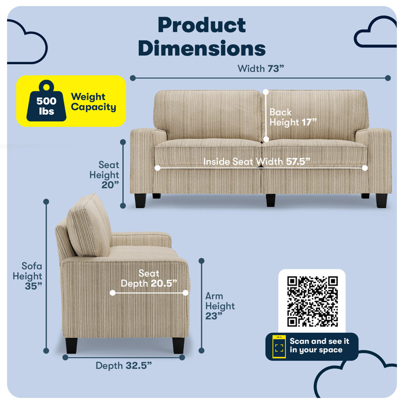Serta Palisades 73" Track Arm Sofa, Easy Care Fabric, Soft Pillow Back, Pocket Coil Seat Cushions, Flagstone Beige Microsuede