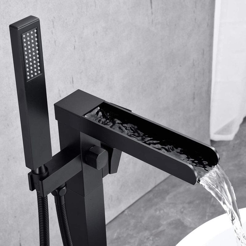 Bathroom Floor Mount Tub Filler With Waterfall Spout And Movable Hand Shower - Rustproof Faucet Mounted In Matte Black Rust Fixture