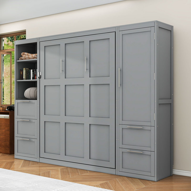 Grand lit escamotable avec rangement intégré et configuration personnalisable, gris