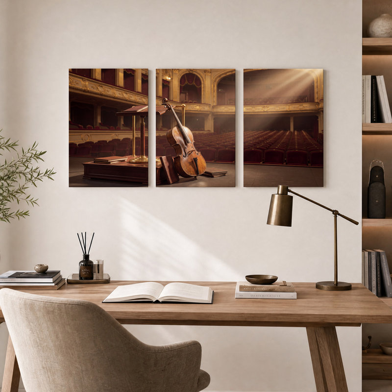 Cello, appuyé contre un pupitre, ensemble de 3 toiles d'art mural, H 24 po x l 16 po x 3 pièces