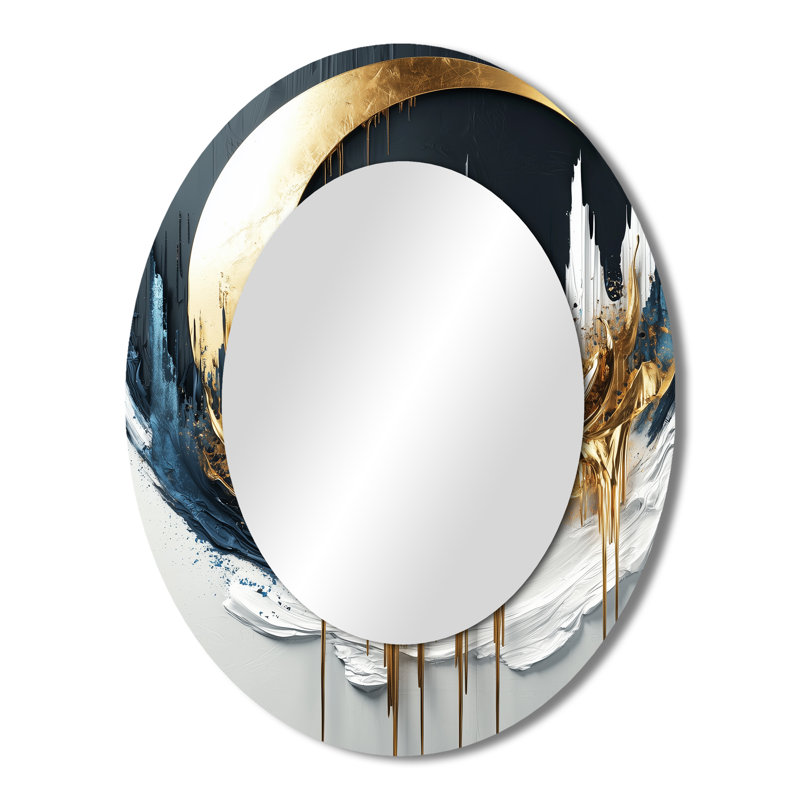 Gold Black Abstract Moon - Gold Modern Oval Wall Mirror, 43" x 33"