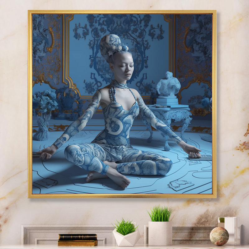 «Spiritual Elegance Blue Yoga Goddess I», reproduction sur toile, H 36 po x l 36 po x P 1,5 po, Cadre flottant doré