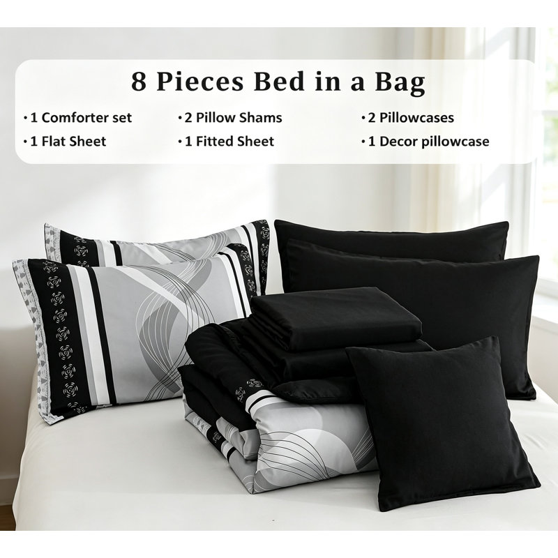 Ensemble de couette noir King 8 pièces de style bohème rayé