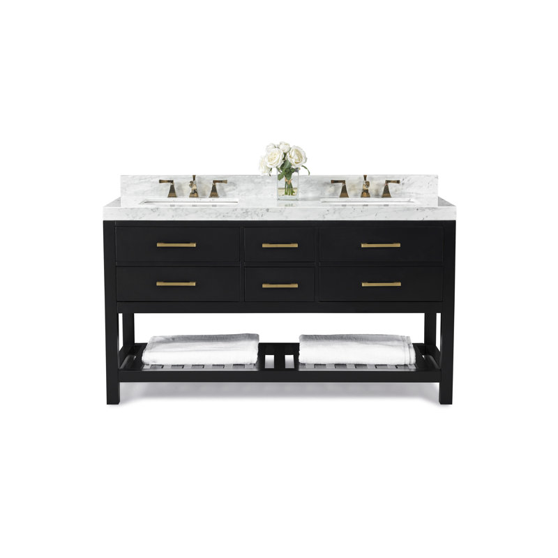 Elizabeth 60'' W Double Vanity, Black Onyx/Brushed Gold, Carrara White Marble