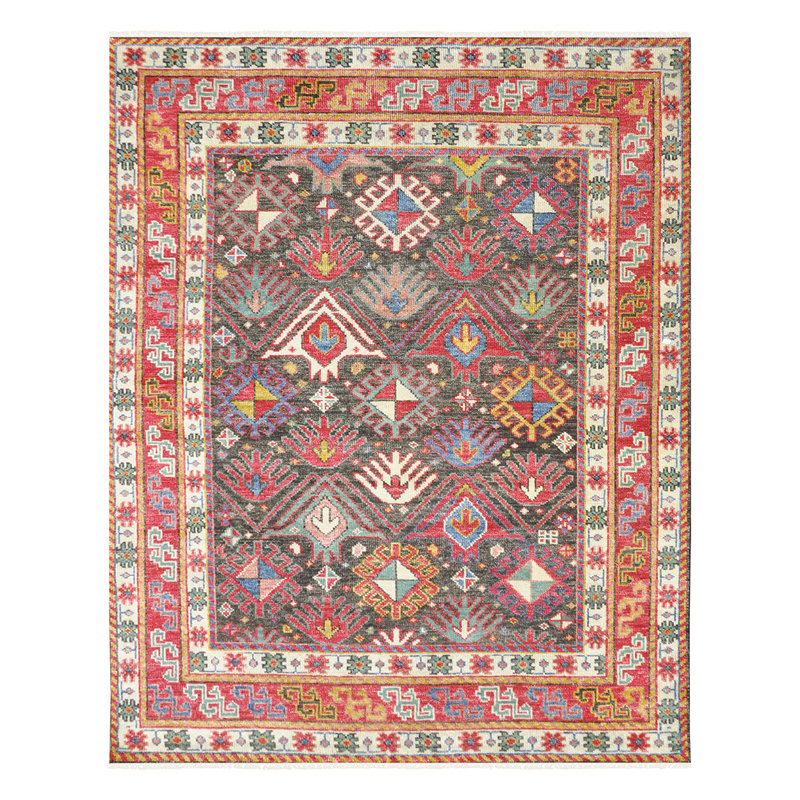 Tapis gris anthracite et rouge noué à la main de haute qualité, Rectangle 10 pi x 14 pi