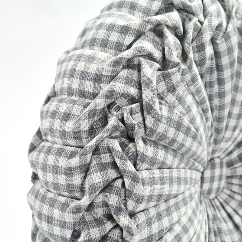 Gingham Check Yarn Dyed Round Pillow Cover & Insert, Light Gray