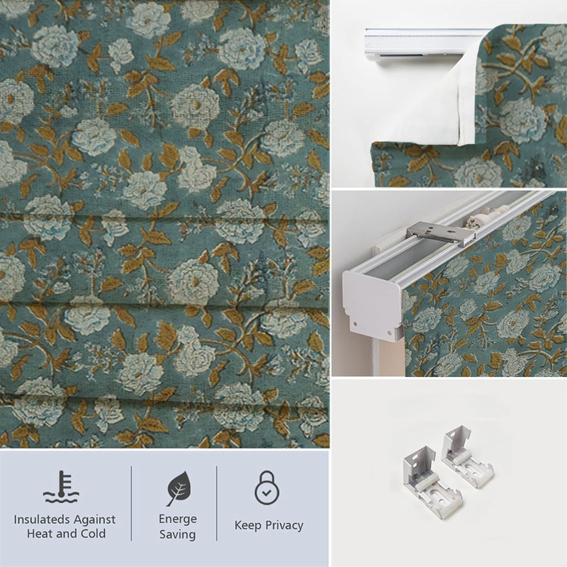 Fabdivine Blue, Handmade 100% Blackout Soft and Cozy Pure Linen Roman Shade with Floral Block Print for Window Corded Blinds, Home Décor French Doors, Window Treatment, Rameshwaram