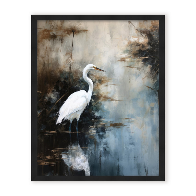 Nature Inspired Egret In Lake, Black, 30" H x 24" W x 1.125" D, Framed Print