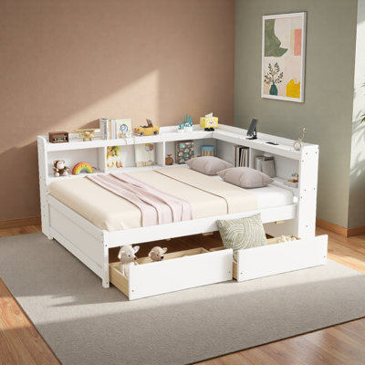 Full Size L-Shaped Bookcases Bed With Power Outlets, USB Charging Ports,Two Drawers