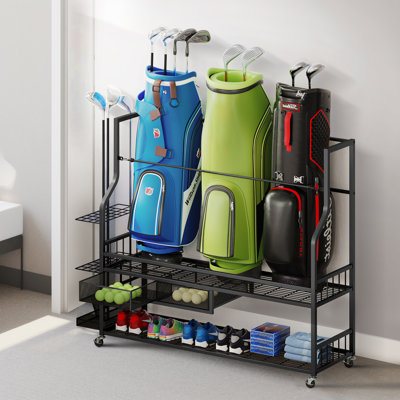 47"W Metal Free-standing Golf Bag Organizer for Garage with Wheels Multi-Use Sports Rack