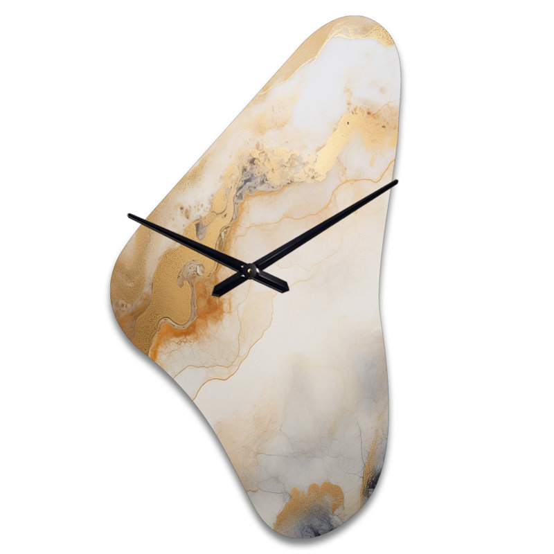 «Zélande», peinture abstraite de geyser beige et or III - formes abstraites, horloge asymétrique en métal, horloge murale