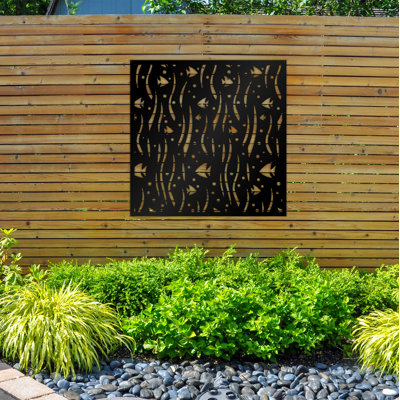 Panneau d'intimité en aluminium découpé au laser Ocean Fish - Art mural extérieur thermolaqué en métal, paravent de clôture décoratif pour clôture de jardin
