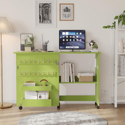 Foldable Sewing Table with Charging Station - Mobile Craft Desk with Locking Wheels, Storage Trays & Pegs, Space-Saving Workstation for Small Spaces, Green
