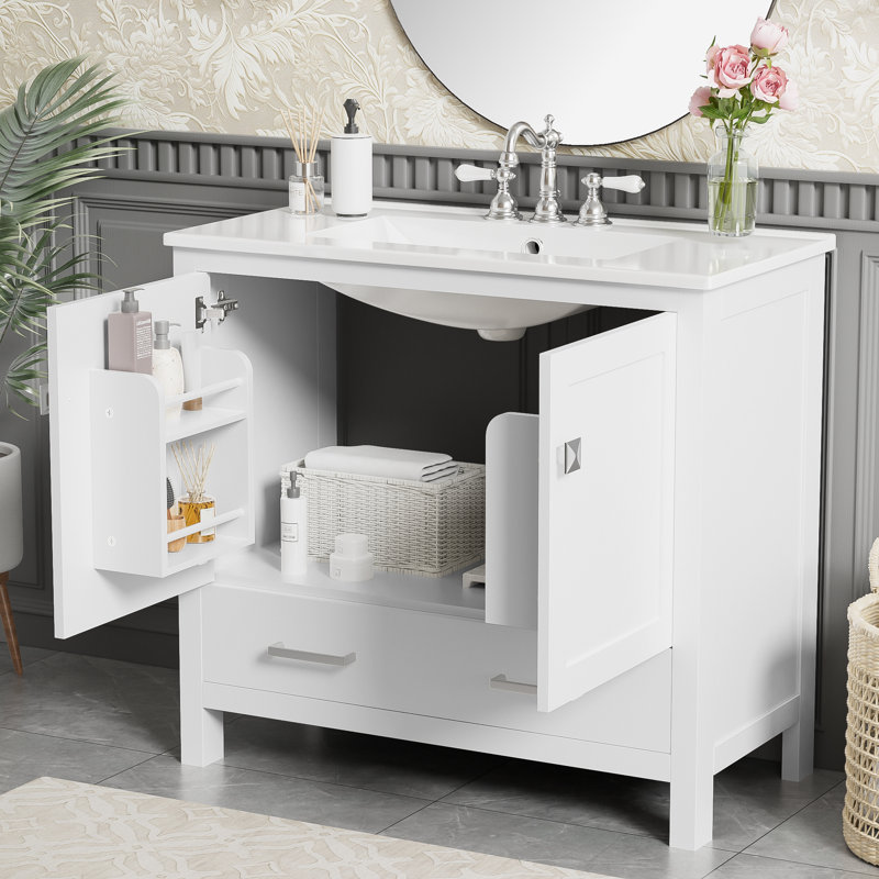 36" Single Bathroom Vanity With Ceramic Sink, White