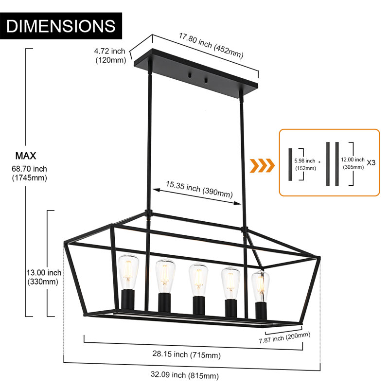 Luminaire suspendu 5 lumières pour îlot de cuisine, Noir