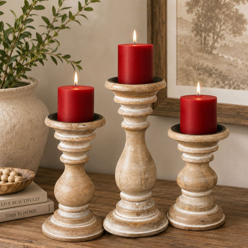 Ensemble de 3 porte-bougies en bois de manguier blanc