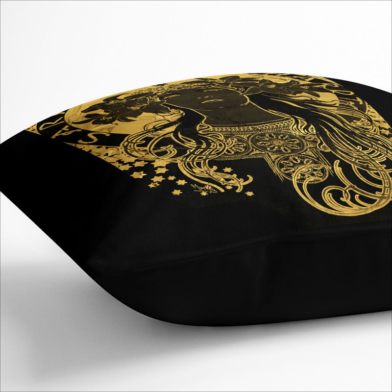 Sarah Bernhardt In Gold Square Throw Cushion, 40cm H x 40cm W x 15cm D, Black
