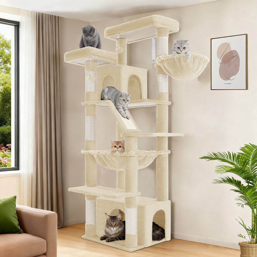 Large Cat Tree, 183 cm Tall Cat Tower for Indoor Cats Large Cats, Corner Climbing Tower with 6 Sisal Scratching Posts, 2 Large Platforms, 2 Caves, Ham