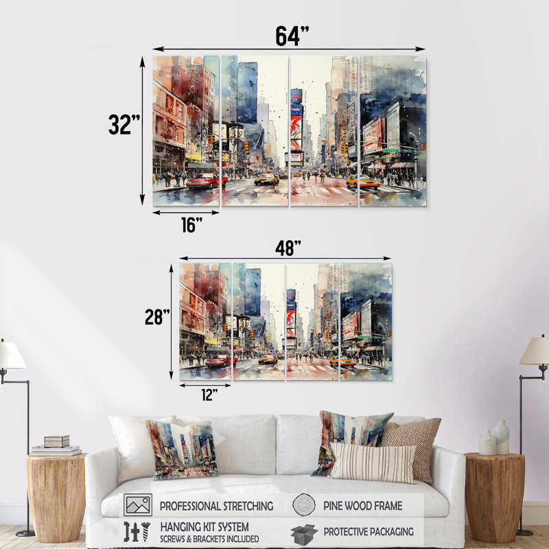 4 pièces d'art mural Times Square New York Cityscape II - New York, H 32 po x l 64 po