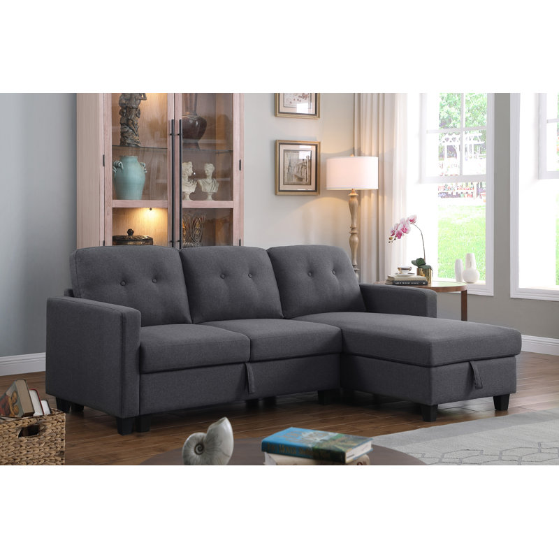 Upholstered L-Shaped Sectional Reversible, Dark Gray Linen Blend