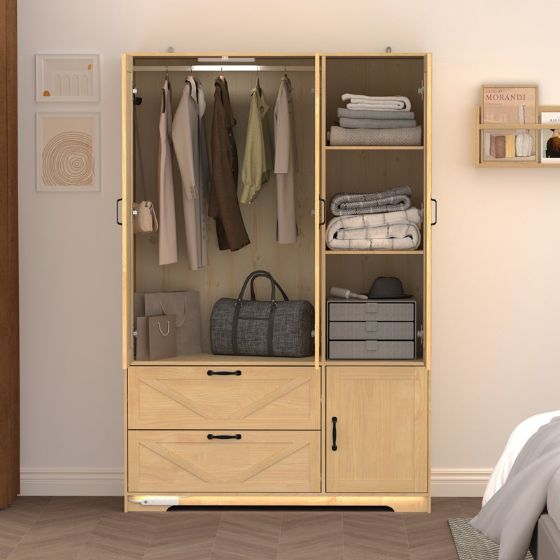 Armoire 4 portes avec miroir, armoire à DEL avec portes et 2 tiroirs, armoire de rangement en bois avec tringle, tablettes réglables, naturel