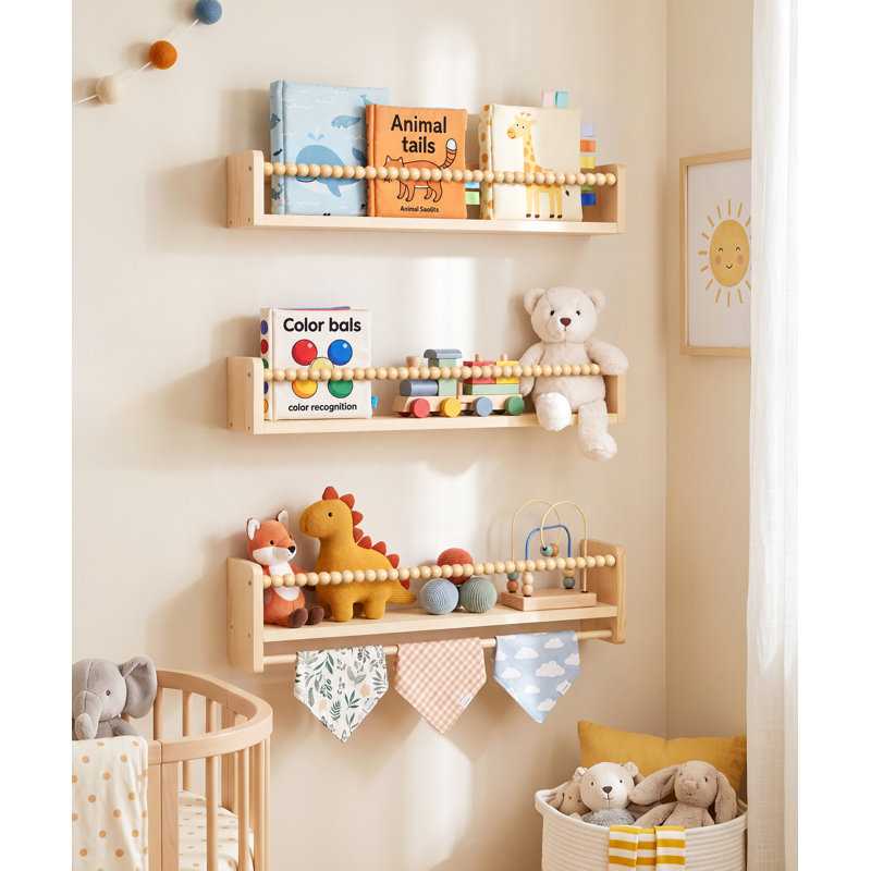 Ensemble de 3 étagères flottantes murales en pin massif de 23 pouces pour chambre d'enfant, étagère à livres murale en bois avec rails avant en moulures de bois