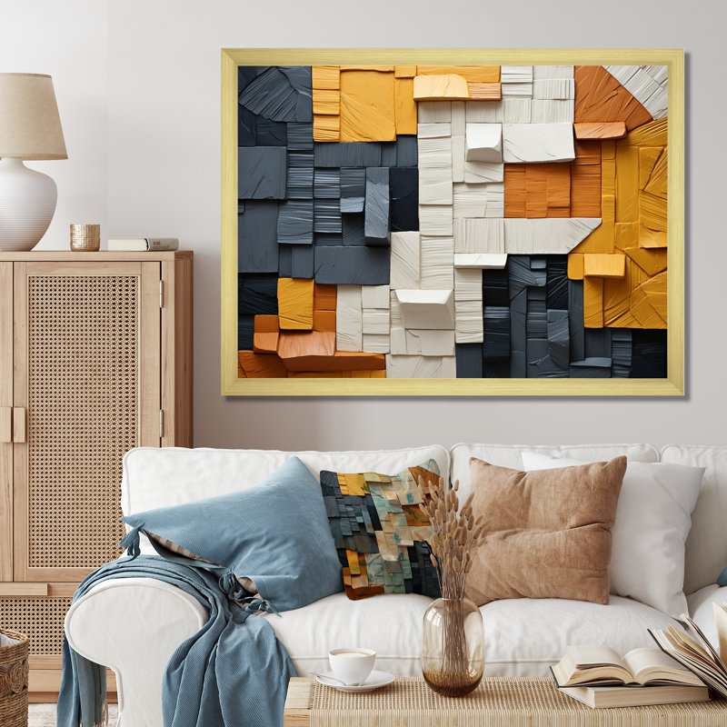 Cubique jaune et fibre grise I - Imprimé, H 30 po x l 40 po x P 1,5 po, Encadrement doré