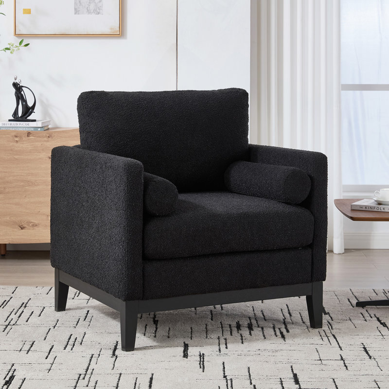 Fauteuil d'appoint de 35,4 po de style campagne moderne avec pattes, fauteuil de lecture à base de bois et canapé avec deux traversins pour les bureaux et les salons, Boucle.