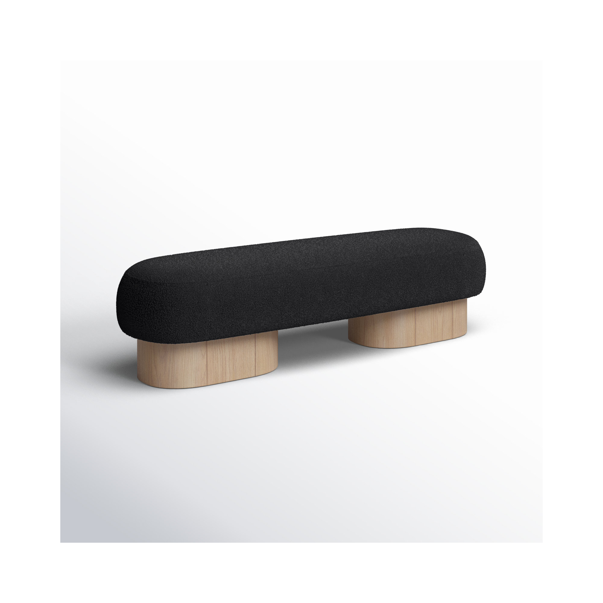 Denyer Boucle Fabric Upholstered Bench, Light Oak, Black Boucle Fabric