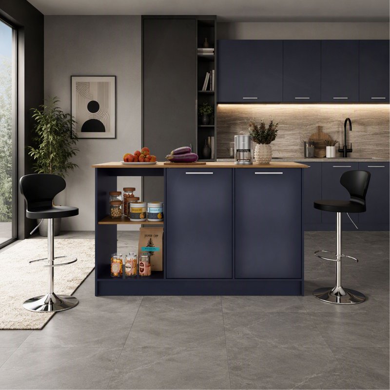 Îlot de cuisine Juniper avec grand comptoir de salle à manger, armoire à deux portes avec tablettes de rangement intérieures et deux tablettes ouvertes