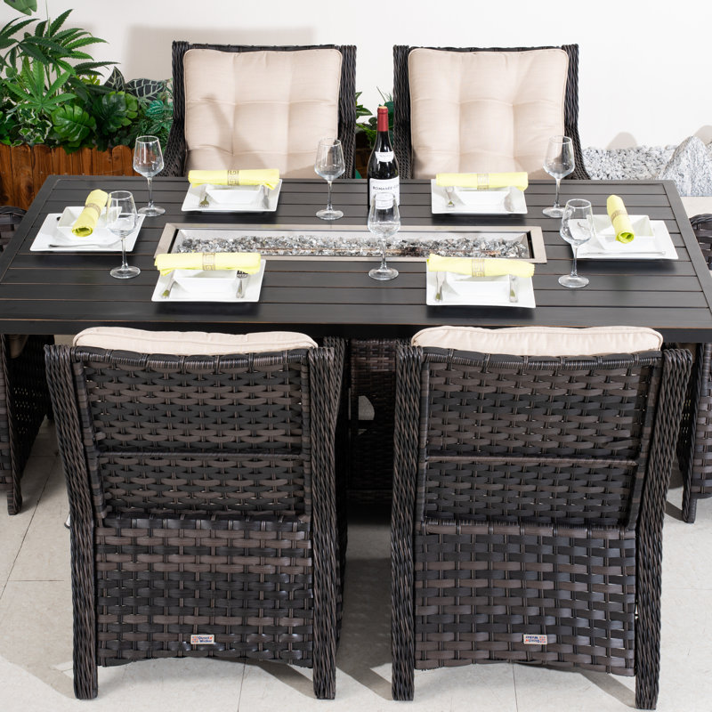 7-Piece Outdoor Rectangular Aluminum Fire Pit Dining Set