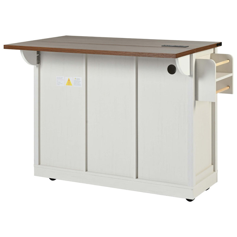 53.7" Farmhouse Kitchen Island With Power Outlet, 2 Sliding Barn Door Kitchen Storage Island With Drop Leaf, Spice Rack Rolling Kitchen Cart On Wheels, For Home, Kitchen And Dining Room