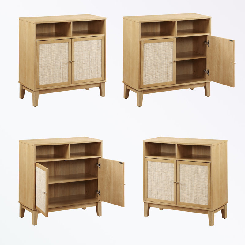 Armoire de rangement avec rangement ouvert, 2 portes en rotin et tablettes réglables