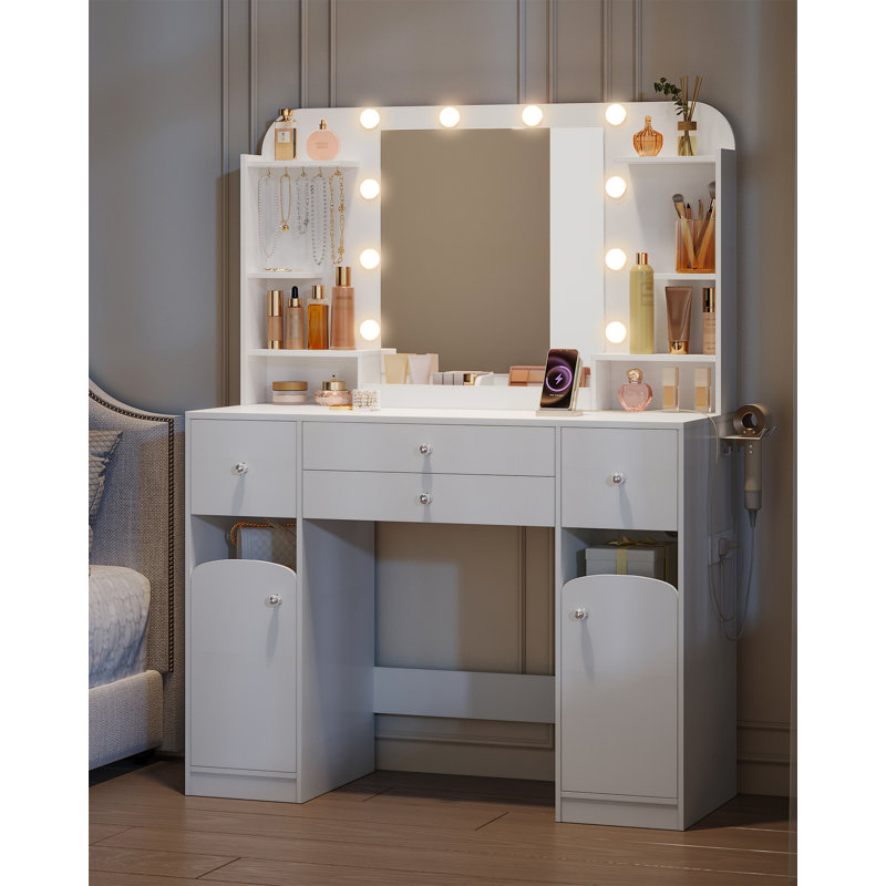 42.5" Large Vanity Desk，Dressing Table with Mirror and LED Light, Power Strip, 4 Drawers, 2 Open Storage Cabinets, and Jewelry Storage for Bedrooms, White