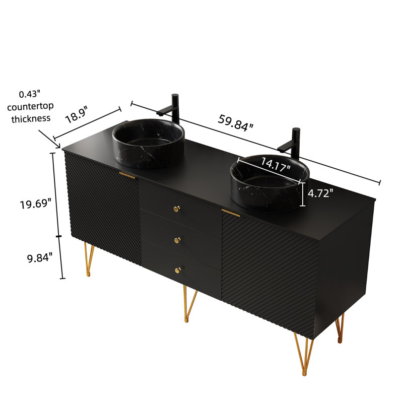 Meuble-lavabo de 60 po avec contreplaqué autoportant, 4 pieds dorés, 2 lavabos en pierre noire, comptoir fritté, pré-assemblé, noir, longue durée et fonction élégante d'aspect
