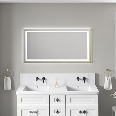 Miroir de salle de bain 55 po x 28 po à DEL avec façade et rétroéclairage, miroir de meuble-lavabo mural avec cadre en aluminium, antibuée, mémoire, 3 couleurs, gradation continue