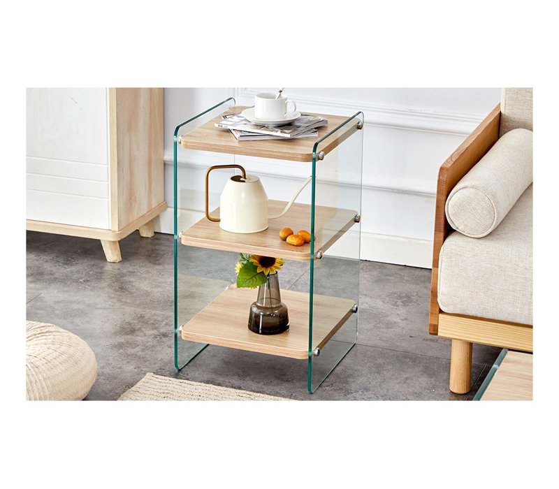 Table d'appoint moderne à trois niveaux en verre et bois - Table de chevet contemporaine avec rangement ouvert