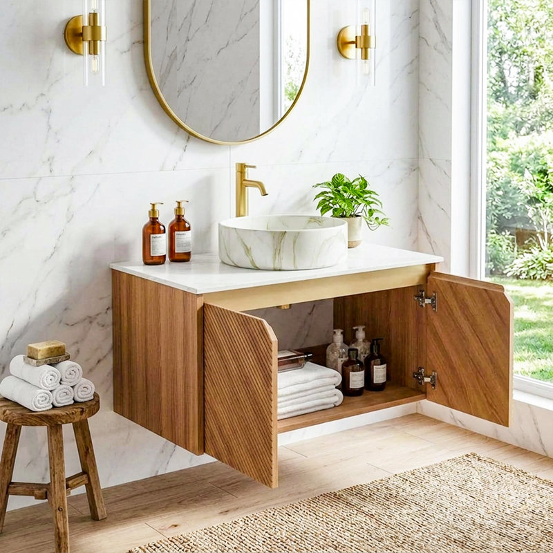 Ensemble meuble-lavabo suspendu simple de 30 po avec comptoir en pierre frittée blanche et lavabo, portes en bois massif à chevrons