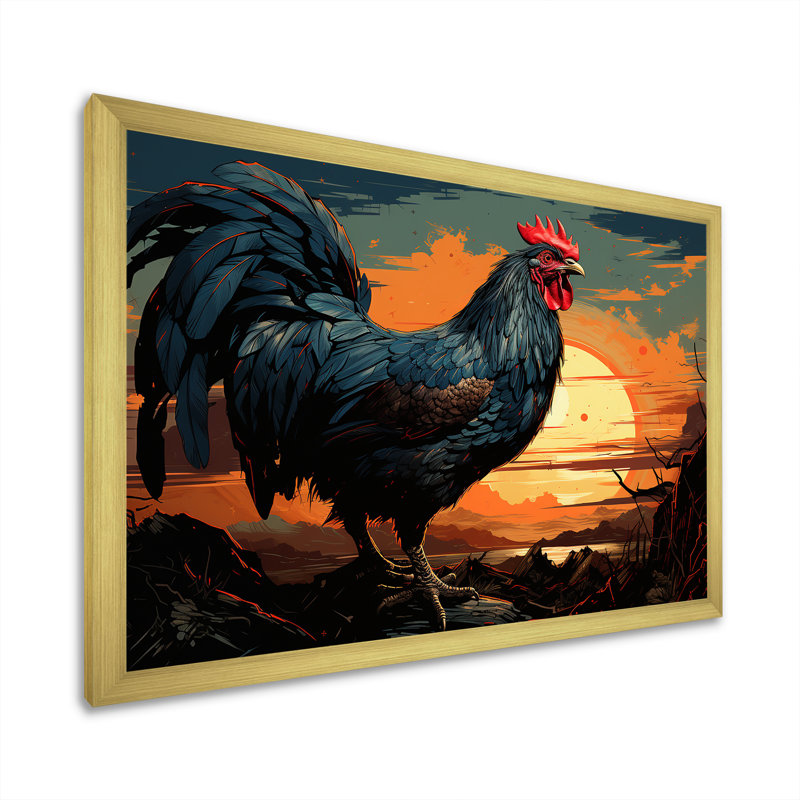 «Sunset Roosters Farmyard II», art mural coq, Cadre doré à coins fermés, H 16 po x l 32 po x P 1 po