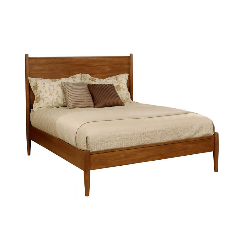Lit plateforme moderne de style Mid-Century avec finition en chêne, construction et sans sommier pour la chambre à coucher en bois massif, ensemble de lattes, utilisation