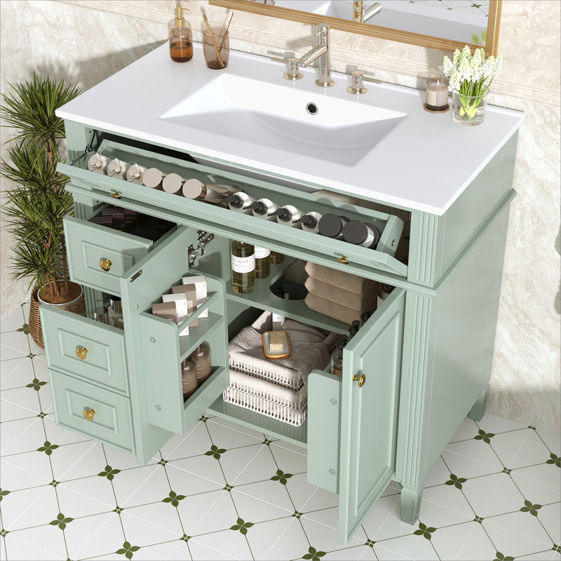 Meuble-lavabo de salle de bain avec lavabo, armoire en bois avec tiroir et 2 portes à fermeture en douceur, Vert