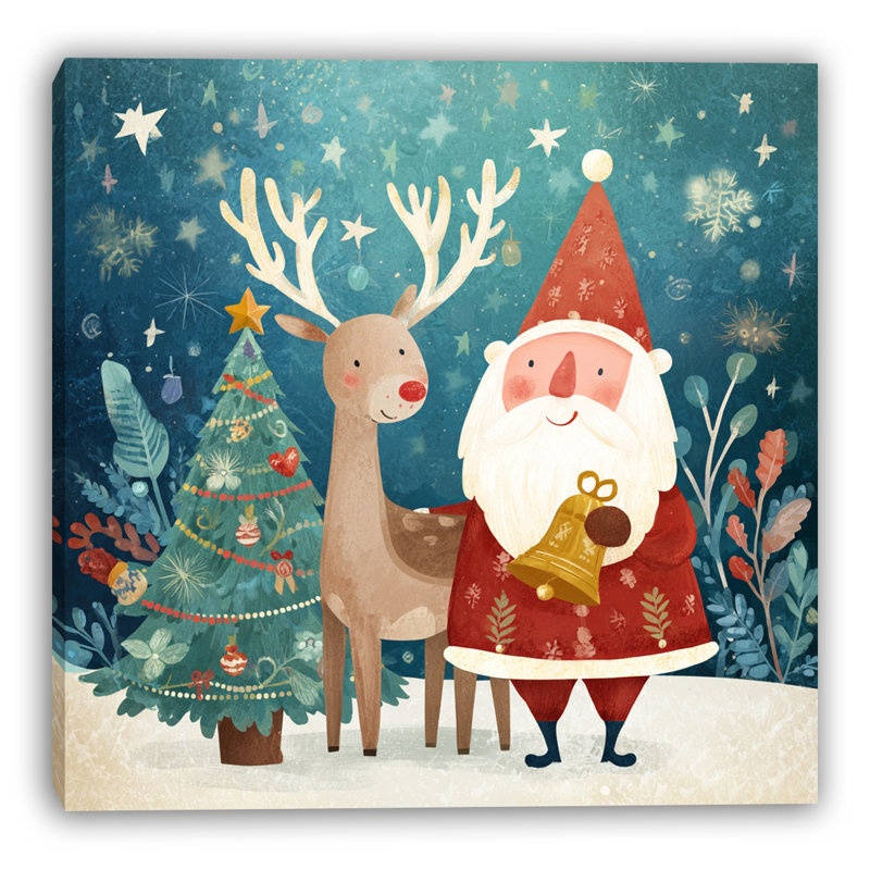 Toile fantaisiste père Noël et renne, H 20 po x l 20 po
