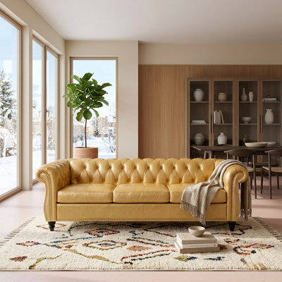 84.65" W Rolled Arm Chesterfield 3 Seater Sofa with Gold Pu Leather