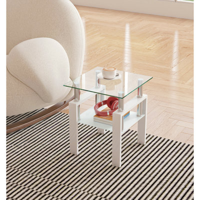 Table basse carrée en verre trempé Grace pour salon, transparente/blanche, 44,5 cm x 44,5 cm x 52 cm, capacité de 68 kg, facile à monter et à nettoyer, décoration moderne et pratique.