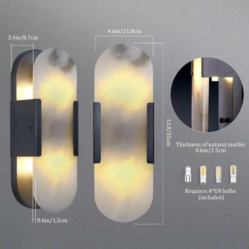 Applique murale 2 lumières avec abat-jour albâtre (ampoules incluses), H 13,8 po x l 4,6 po x P 3,4 po, Gris foncé, Oui