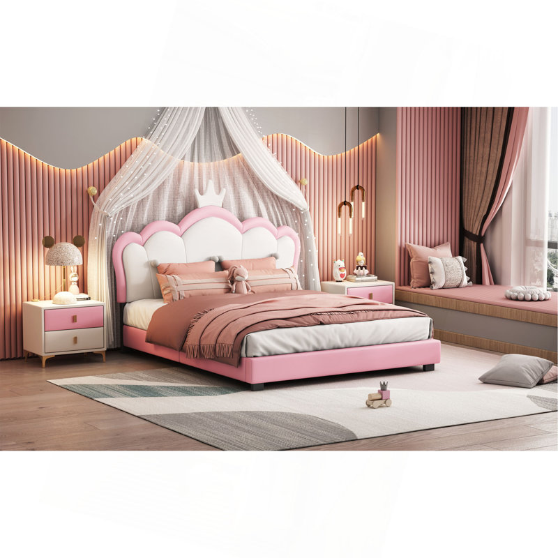 Lit double tapissier double avec tête de lit couronne, lit plateforme double avec tête de lit et pied de lit, Lit double